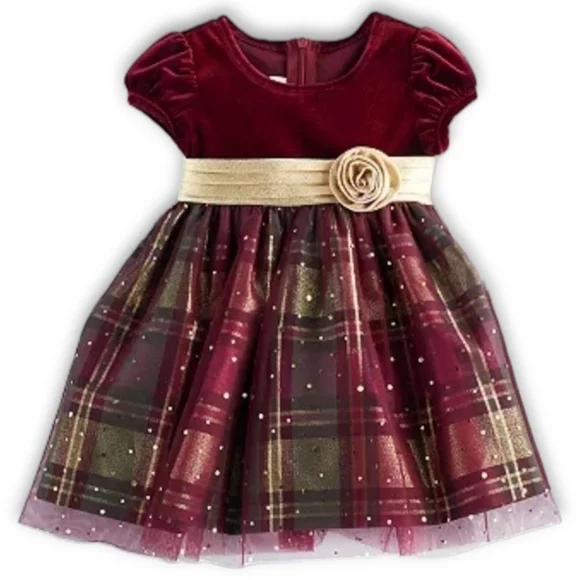 Bonnie Jean Gold, Green, & Red Velvet Plaid & Sparkle Holiday Christmas Dress,2T